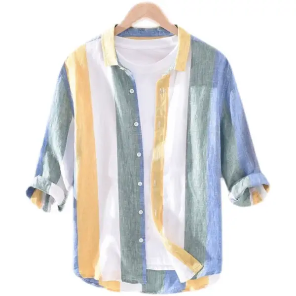 Japanese striped ice silk shirt men's trendy 7-quarter sleeve loose thin ins quick-drying half-sleeved base shirt - Image 5