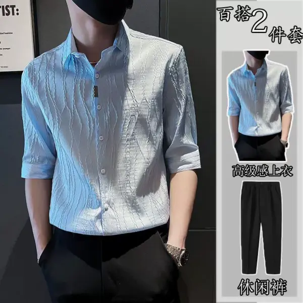 Summer ice silk suit short-sleeved and quarter-sleeved shirt for men's trendy brand handsome high-end matching two-piece suit trendy