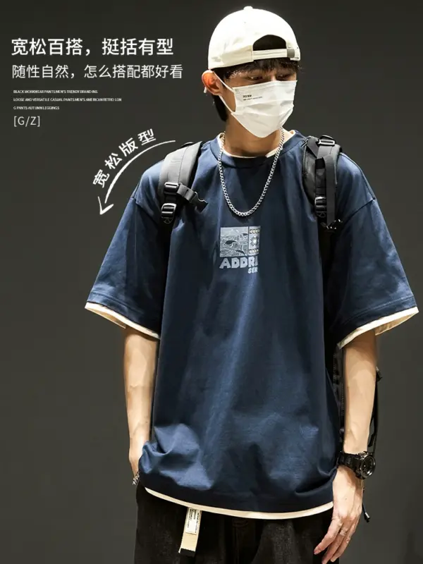 Short-sleeved T-shirt men's summer American retro fun printed half-sleeved Japanese fashion brand heavy pure cotton fake two-piece top - Image 2
