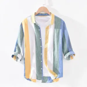 Japanese striped ice silk shirt men's trendy 7-quarter sleeve loose thin ins quick-drying half-sleeved base shirt