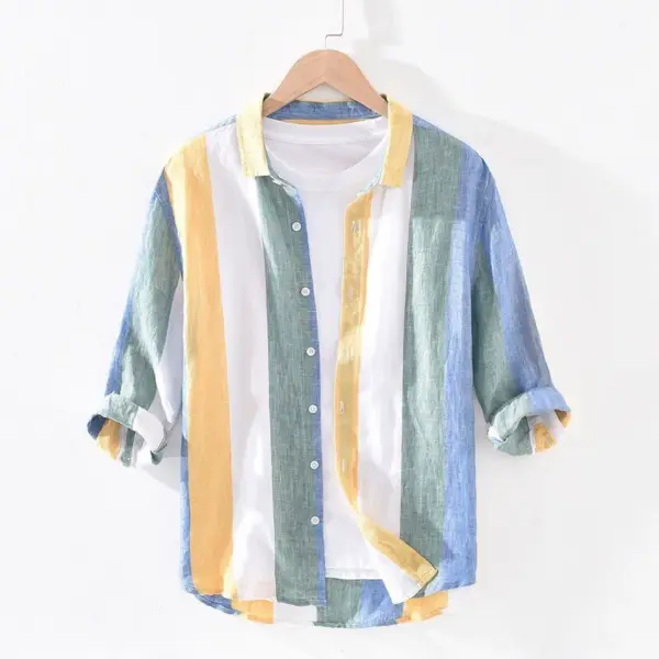 Japanese striped ice silk shirt men's trendy 7-quarter sleeve loose thin ins quick-drying half-sleeved base shirt