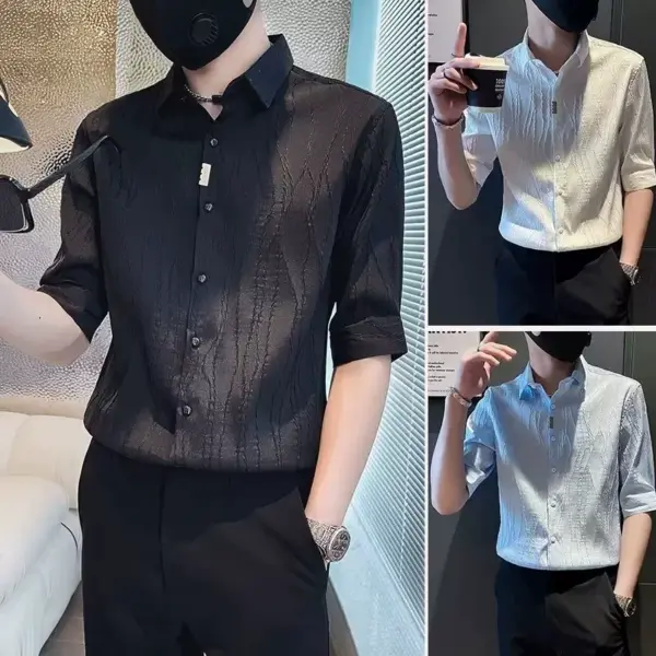 Summer ice silk suit short-sleeved and quarter-sleeved shirt for men's trendy brand handsome high-end matching two-piece suit trendy - Image 4