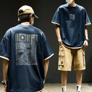 Short-sleeved T-shirt men's summer American retro fun printed half-sleeved Japanese fashion brand heavy pure cotton fake two-piece top