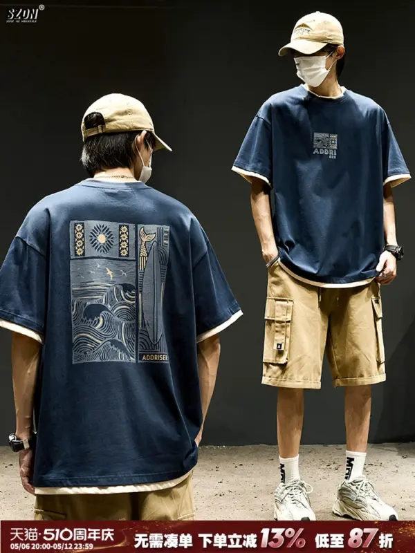 Short-sleeved T-shirt men's summer American retro fun printed half-sleeved Japanese fashion brand heavy pure cotton fake two-piece top