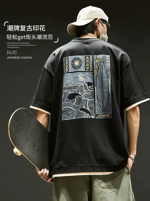 Short-sleeved T-shirt men's summer American retro fun printed half-sleeved Japanese fashion brand heavy pure cotton fake two-piece top - Image 3