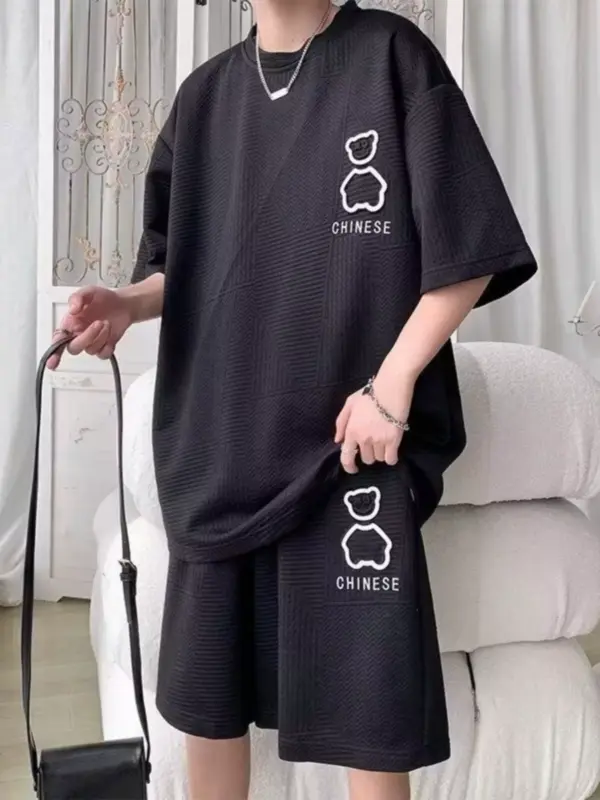 New summer short-sleeved T-shirt suit waffle casual versatile sports thin loose men's summer suit - Image 2