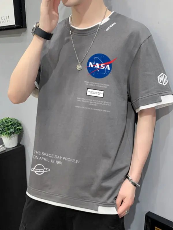NASA jointly-branded summer pure cotton short-sleeved T-shirt for men's trendy brand loose T-shirt new style for men's half-sleeved summer clothes - Image 5