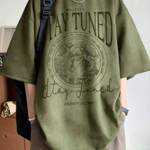 American trendy short-sleeved men's new 2025 Shaohua Summer handsome heavy military green half-sleeved suede heavy T-shirt