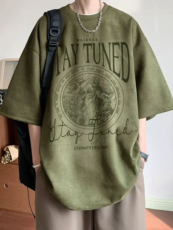 American trendy short-sleeved men's new 2025 Shaohua Summer handsome heavy military green half-sleeved suede heavy T-shirt