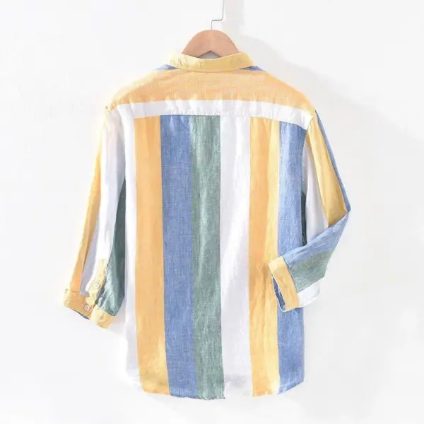 Japanese striped ice silk shirt men's trendy 7-quarter sleeve loose thin ins quick-drying half-sleeved base shirt - Image 4
