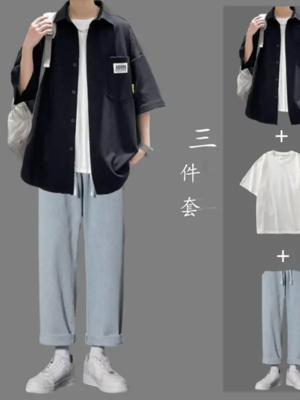 Summer short-sleeved shirt men's casual suit men's new handsome high-end men's summer clothes with men's clothing - Image 3