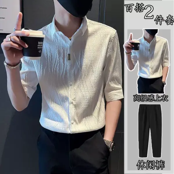 Summer ice silk suit short-sleeved and quarter-sleeved shirt for men's trendy brand handsome high-end matching two-piece suit trendy - Image 2