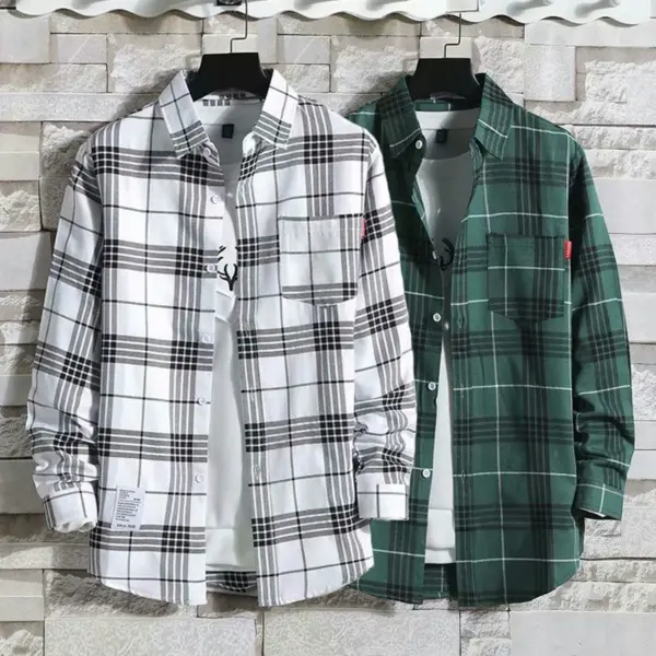 Long-sleeved plaid shirt men's spring and autumn loose and versatile large-size thin large-size shirt Hong Kong style jacket