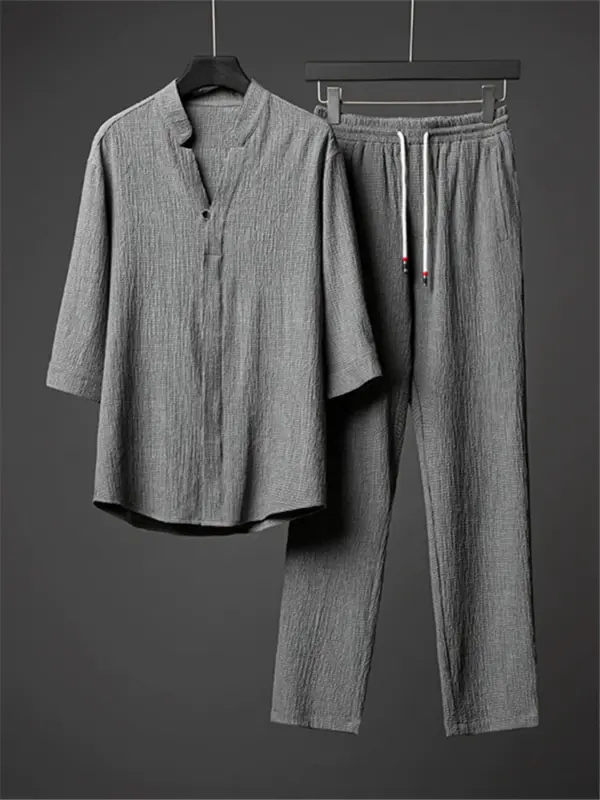 Line suit men's summer ice silk Hanfu men's clothing with a handsome Chinese style men's cotton linen short-sleeved T-shirt - Image 2