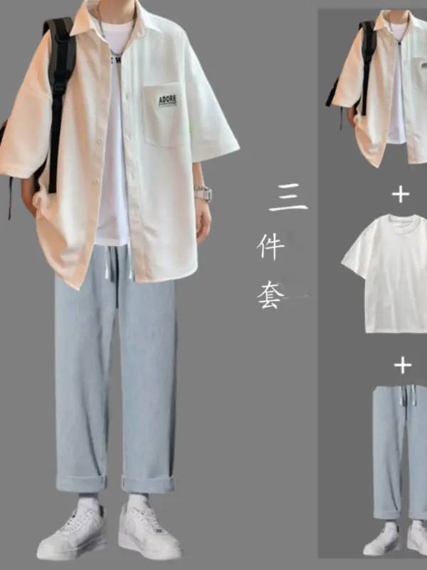Summer short-sleeved shirt men's casual suit men's new handsome high-end men's summer clothes with men's clothing - Image 2