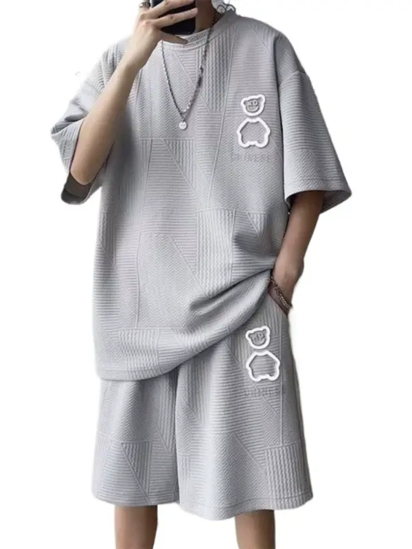 New summer short-sleeved T-shirt suit waffle casual versatile sports thin loose men's summer suit - Image 5
