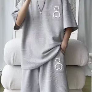 New summer short-sleeved T-shirt suit waffle casual versatile sports thin loose men's summer suit
