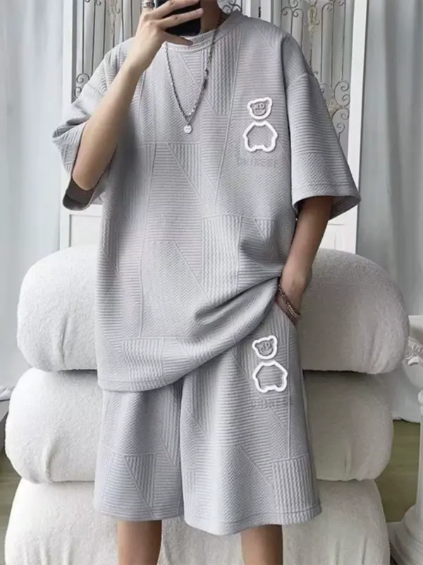 New summer short-sleeved T-shirt suit waffle casual versatile sports thin loose men's summer suit