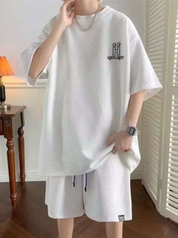 New summer short-sleeved T-shirt suit waffle casual versatile sports thin loose men's summer suit - Image 3