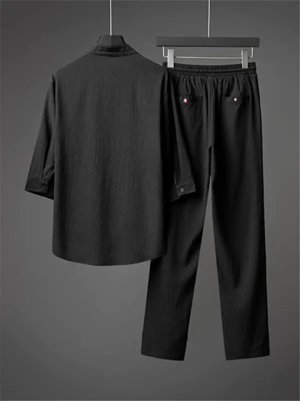 Line suit men's summer ice silk Hanfu men's clothing with a handsome Chinese style men's cotton linen short-sleeved T-shirt - Image 4