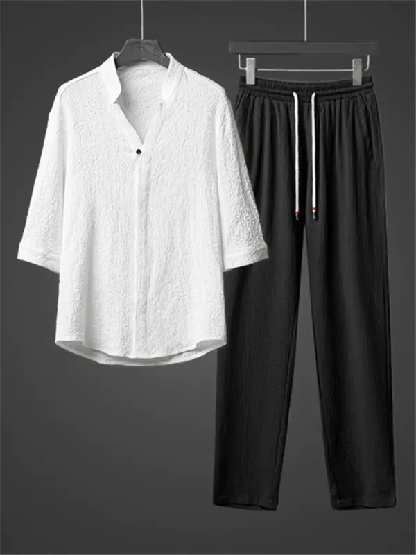 Line suit men's summer ice silk Hanfu men's clothing with a handsome Chinese style men's cotton linen short-sleeved T-shirt - Image 5